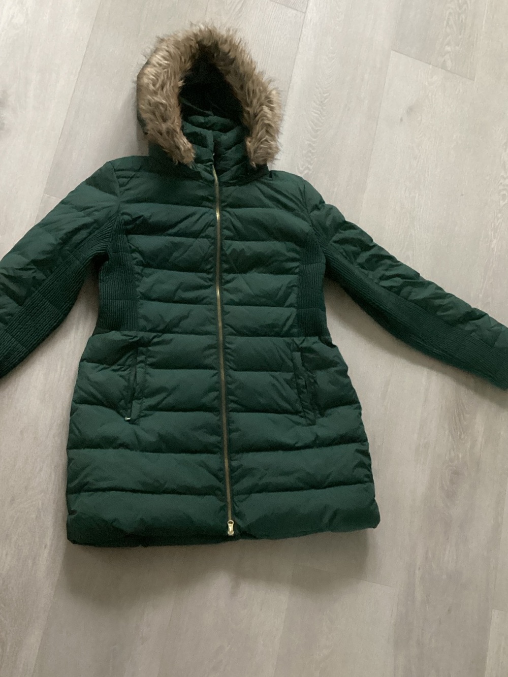 Covington Dark Green Quilted Hooded Puffer Coat with Faux Fur Trim